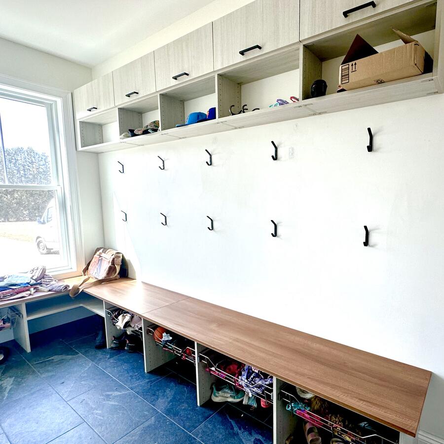 Minimal, Open Cubby Mudroom with Custom Wood Benches