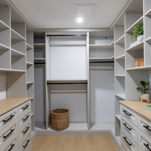 His and Hers Walk-in with Wood Toned Countertops